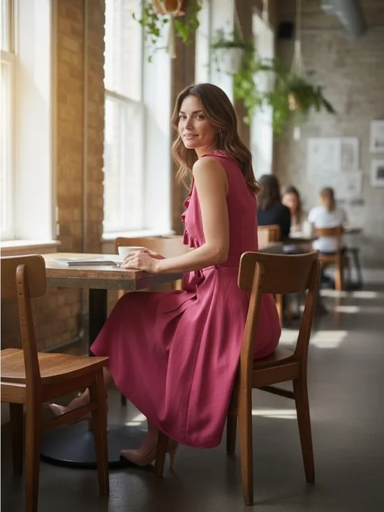 Jessica Howard Hot Pink Ruffled V-Neck Tie-Waist Dress size 12 - Picture 15 of 16